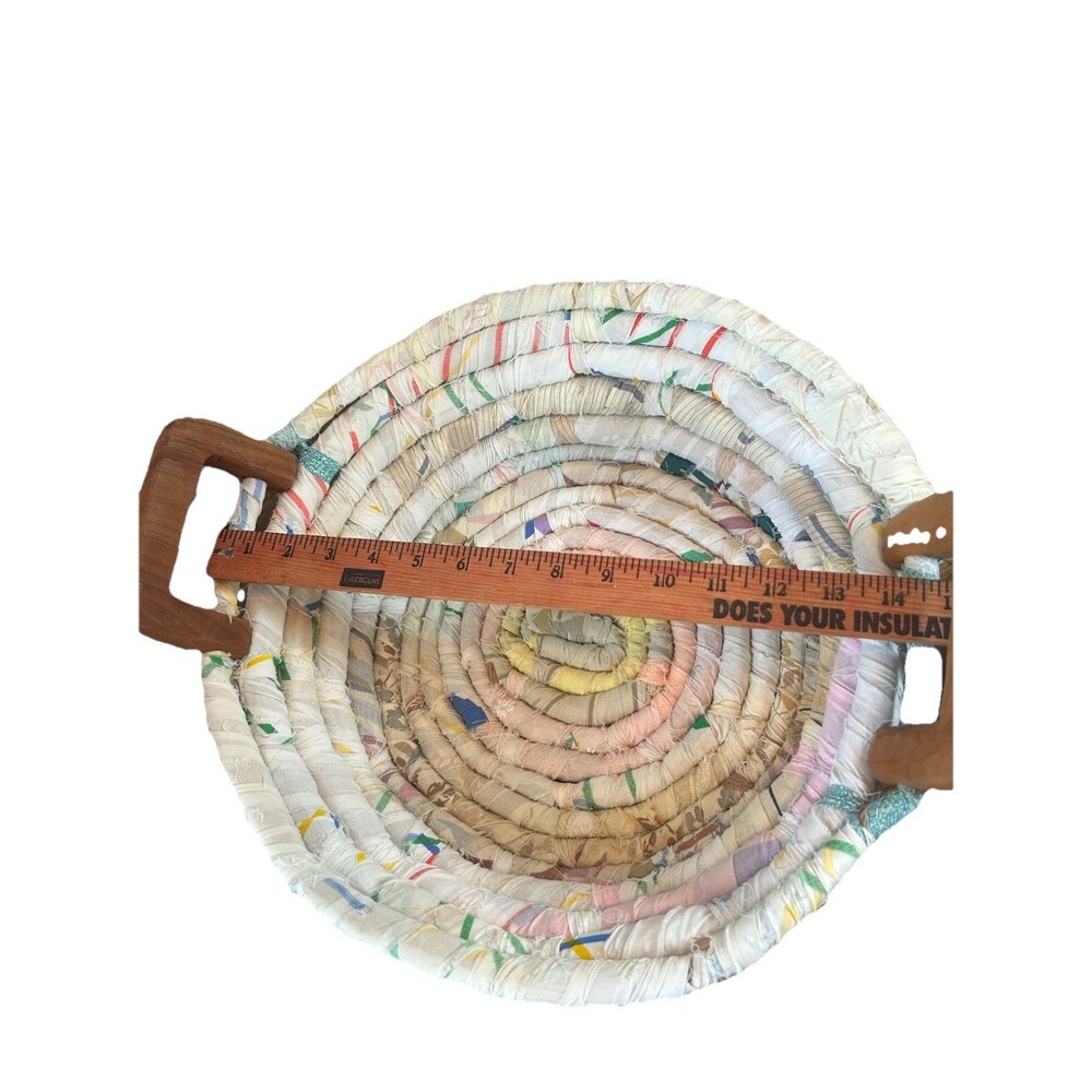 Vintage Handmade Rag Fabric Blue Basket With Handle Farmhouse Decor Cottage - Picture 8 of 16